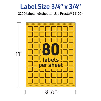 Avery Laser/Inkjet Square Multipurpose Labels, 0.75" x 0.75", Bright Yellow, 3200/Pack (94102)