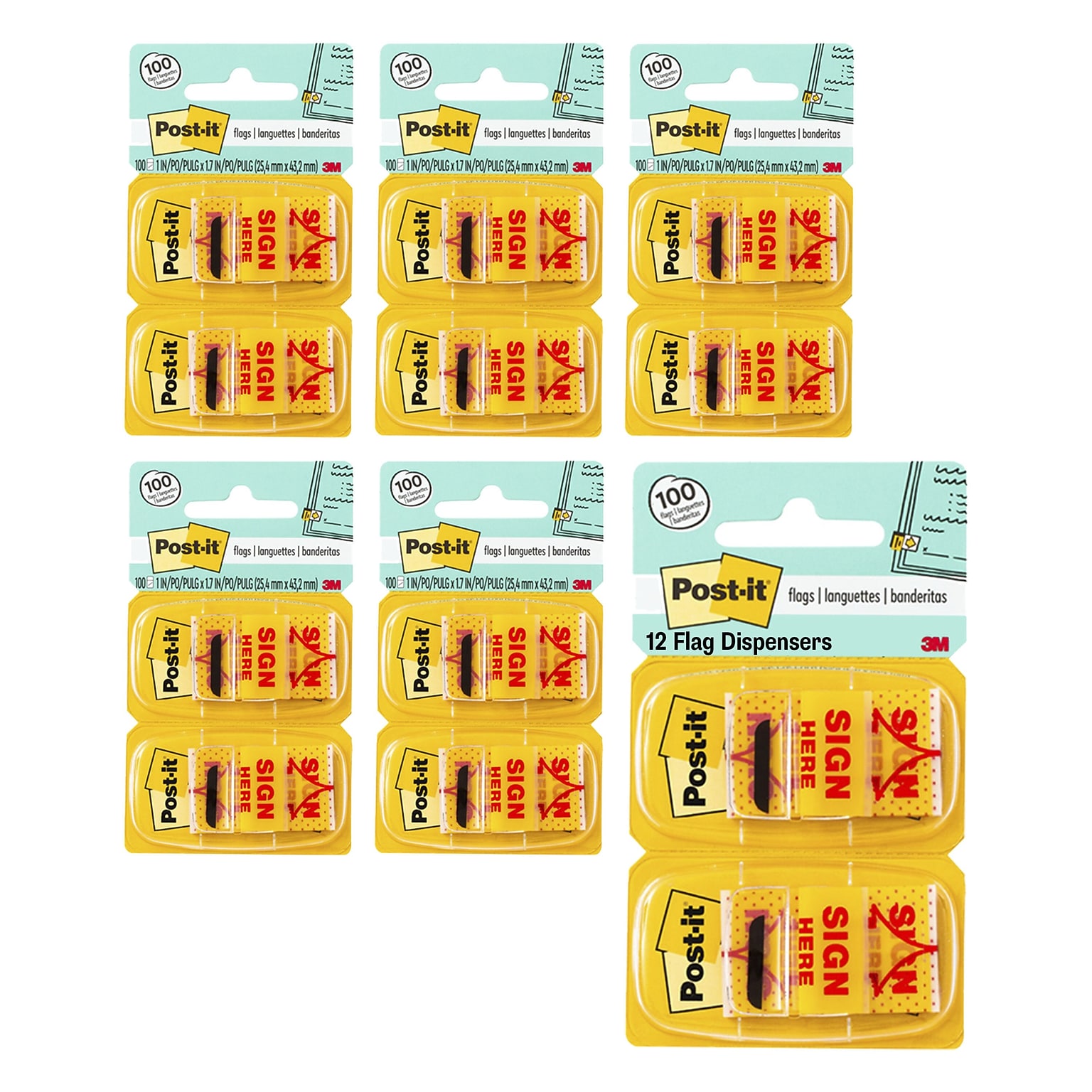 Post-it Sign Here Message Flags Value Pack, 1 Wide, Yellow, 600 Flags/Pack, 12 Pads/Pack (680-SH12)