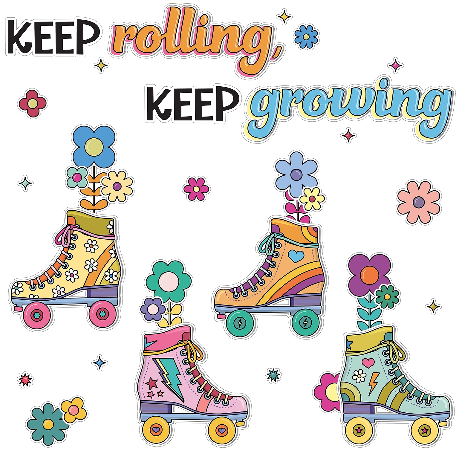 Carson-Dellosa Happily Ever Elementary Retro Remix Keep Rolling, Keep Growing Bulletin Board Set (110594)