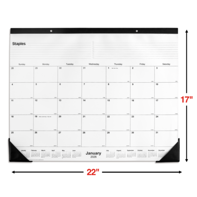 2026 Staples 22" x 17" Monthly Desk Pad Calendar, Unlined, Black/White (ST58448-26)