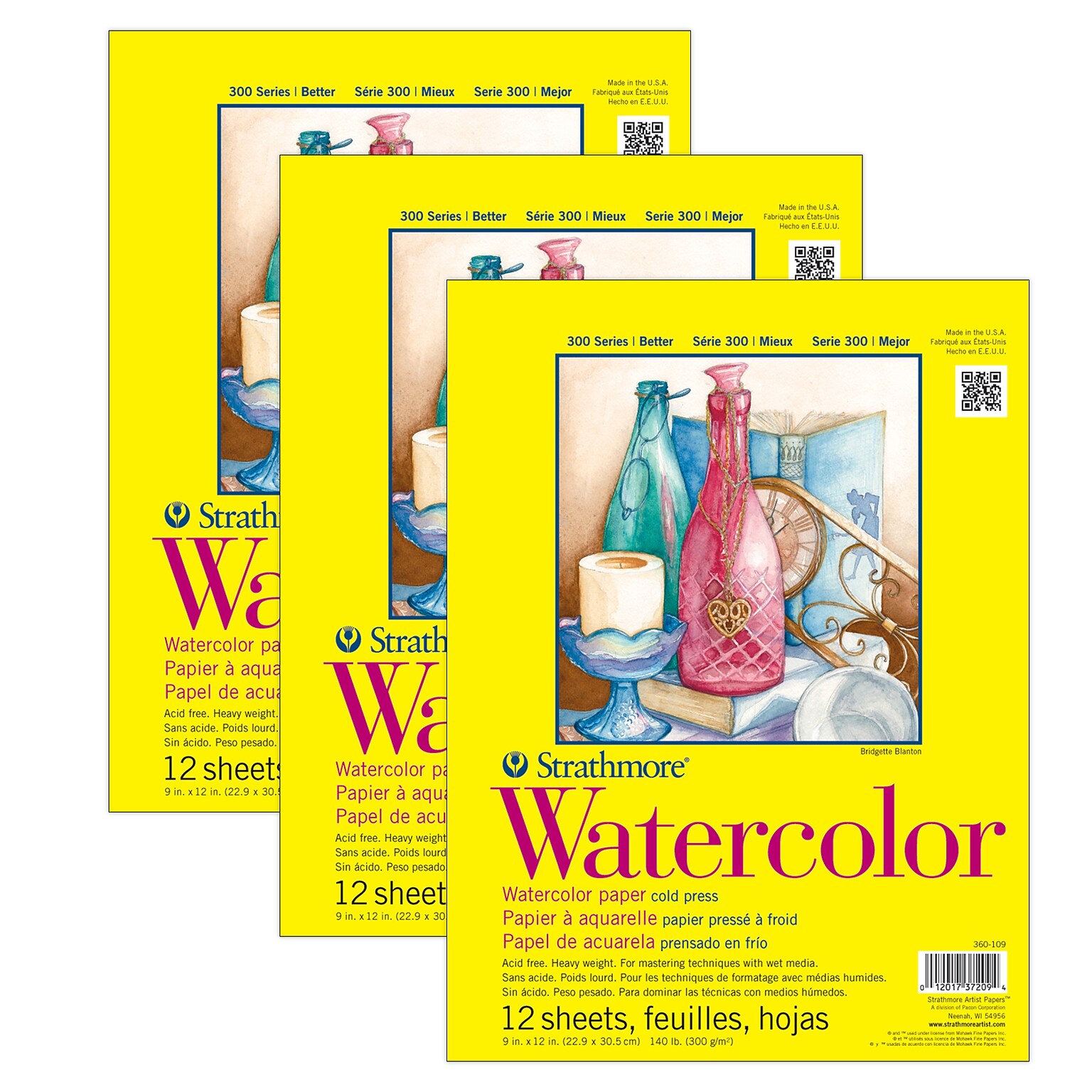 Strathmore 300 Series 9 x 12 Tape Bound Watercolor Sketch Pad, 12 Sheets/Pad, 3/Bundle (STTP36010903-3)