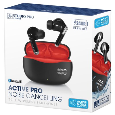 STUDIO PRO by FISHER Active Pro Wireless Noise Canceling Earbuds, Bluetooth, Black/Red (STW290A)