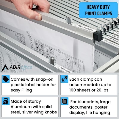 AdirOffice Hanging Clamp Document Holder, 30", Horizontal, Silver Aluminum, 12/Pack (ADI6036--2)