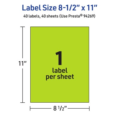 Avery Rectangle Multipurpose Labels, 8.5" x 11", Bright Green, 40/Pack (94269)