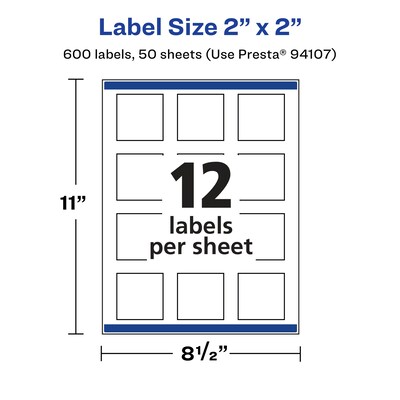 Avery Laser/Inkjet Square Multipurpose Labels, 2" x 2", Matte White, 600 Labels/Box (94107)