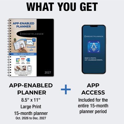 2027 Rocketbook Rocketplanner 9" x 11" Calendar Year Weekly & Monthly Planner, Plastic Cover (RKPL-CY27-8-BK)