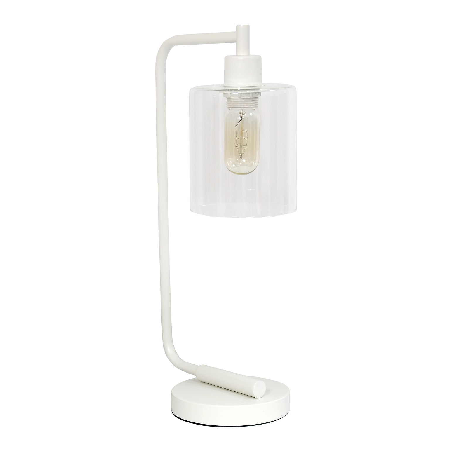 Creekwood Home Vintage Vantage 18.8 Minimalist Industrial Curved Arm Desk Lamp w/ Clear Glass Shade, White (CWD-1013-WH)
