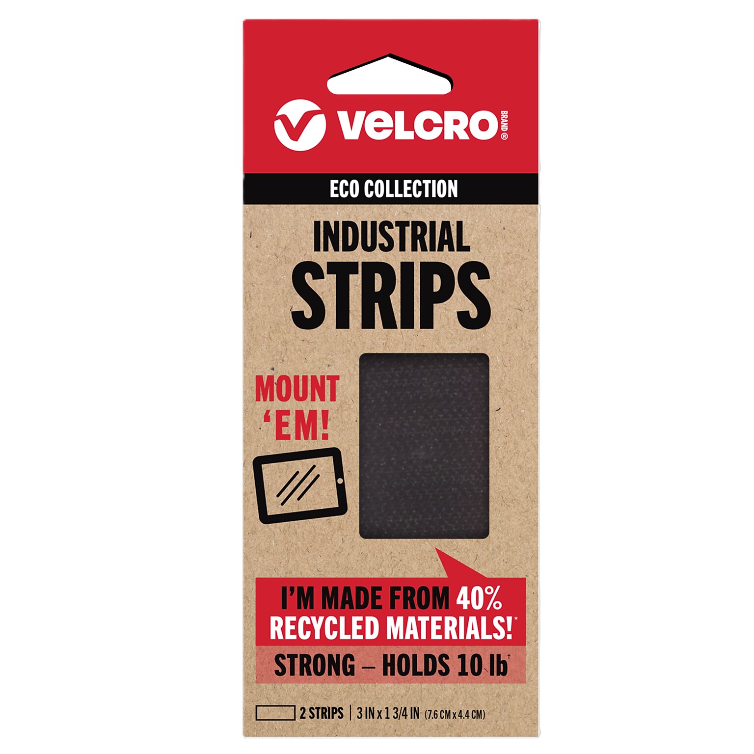Velcro ECO Collection Sticky Back Hook & Loop Fastener, 1.75 x 3, Black, 2/Pack (VEL-30189-USA)
