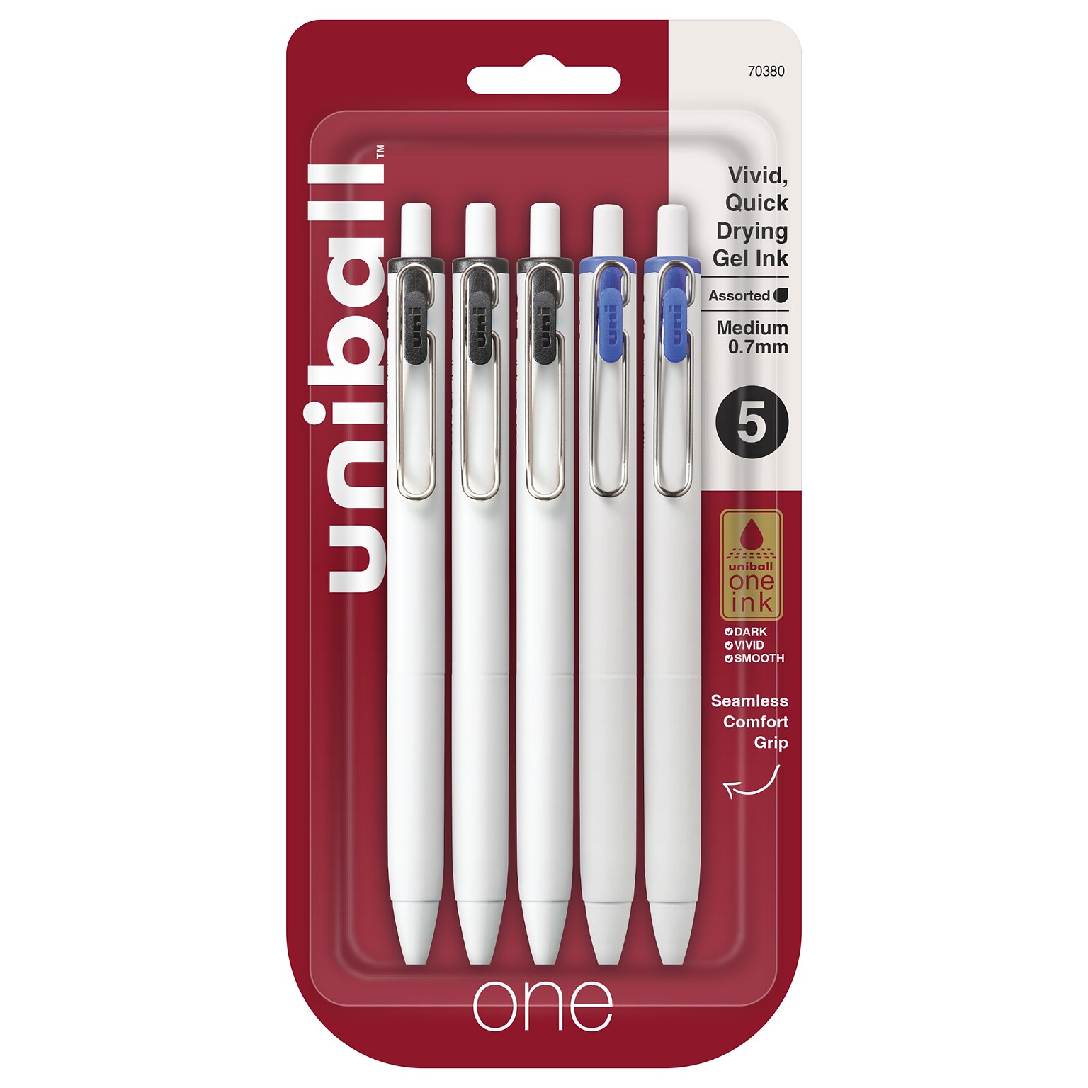 uni-ball one Retractable Gel Pens, Medium Point, 0.7mm, Black/Blue Ink, 5/Pack (70380)