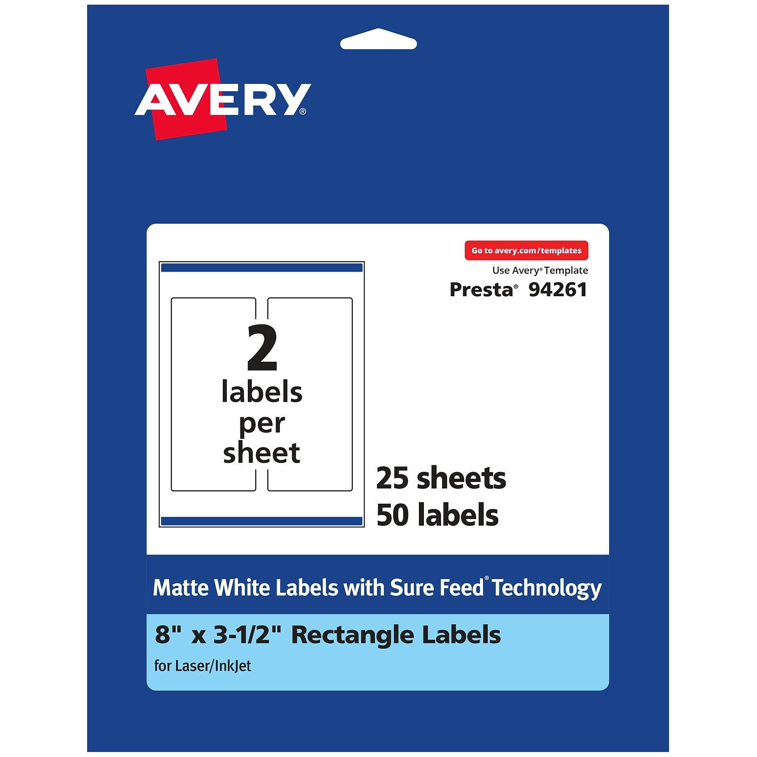 Avery Laser/Inkjet Multipurpose Labels, 3.5  x 8, Matte White, 50/Pack (94261)