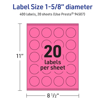 Avery Round Laser/Inkjet Multipurpose Labels, 1-5/8" Dia, Bright Pink (400/Pack)