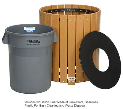 Global Industrial Recycled Plastic Round Trash Can w/ Liner, 32 Gallon, Cedar (641323CD)