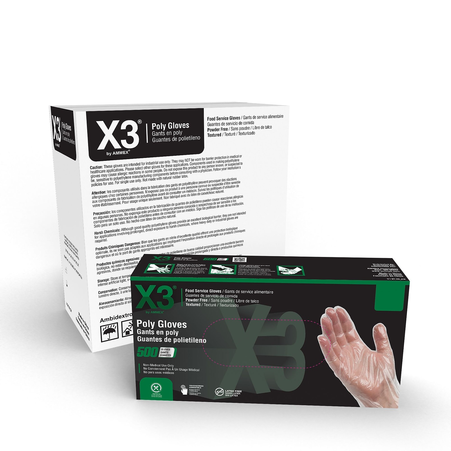 Ammex X3 Poly Food Safe Industrial Gloves, Latex Free, Large, Clear, 500/Box, 20 Boxes/Carton (PGLOVE-L-500XX)