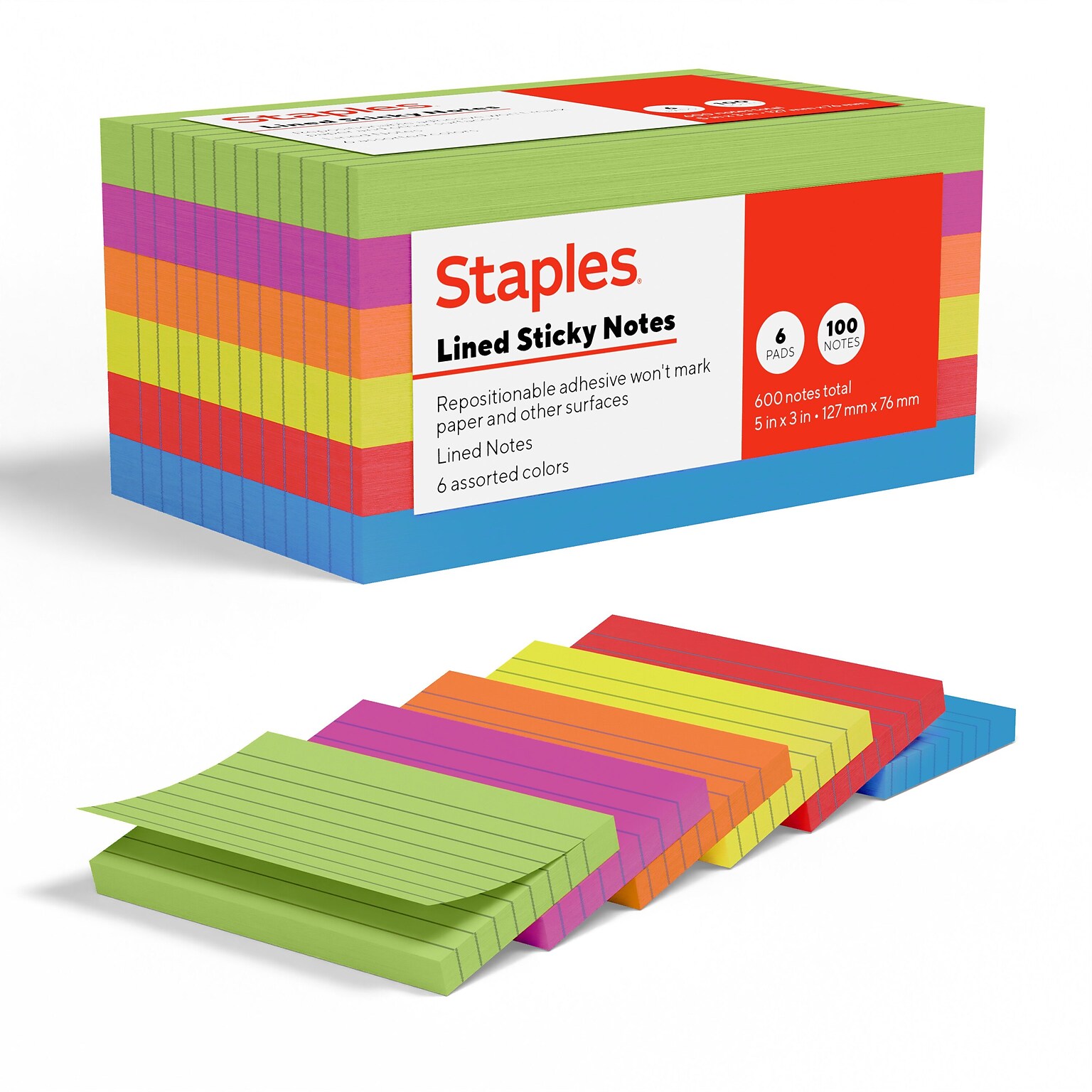 Staples Sticky Notes, 3 x 5, Summer Breeze Collection, Lined, 100 Sheets/Pad, 6 Pads/Pack (ST62870)