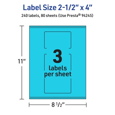 Avery Printable Rectangle Multipurpose Labels, 2.5" x 4", Bright Blue, 240/Box (94245)