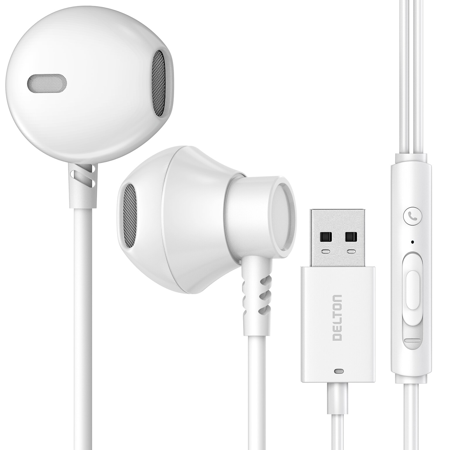 Delton 10E USB Wired Computer Earbuds with Microphone, White (DWH10EWH)