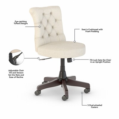 Bush Furniture Key West 60" L-Shaped Desk with Mid-Back Tufted Office Chair, Linen White Oak (KWS045LW)