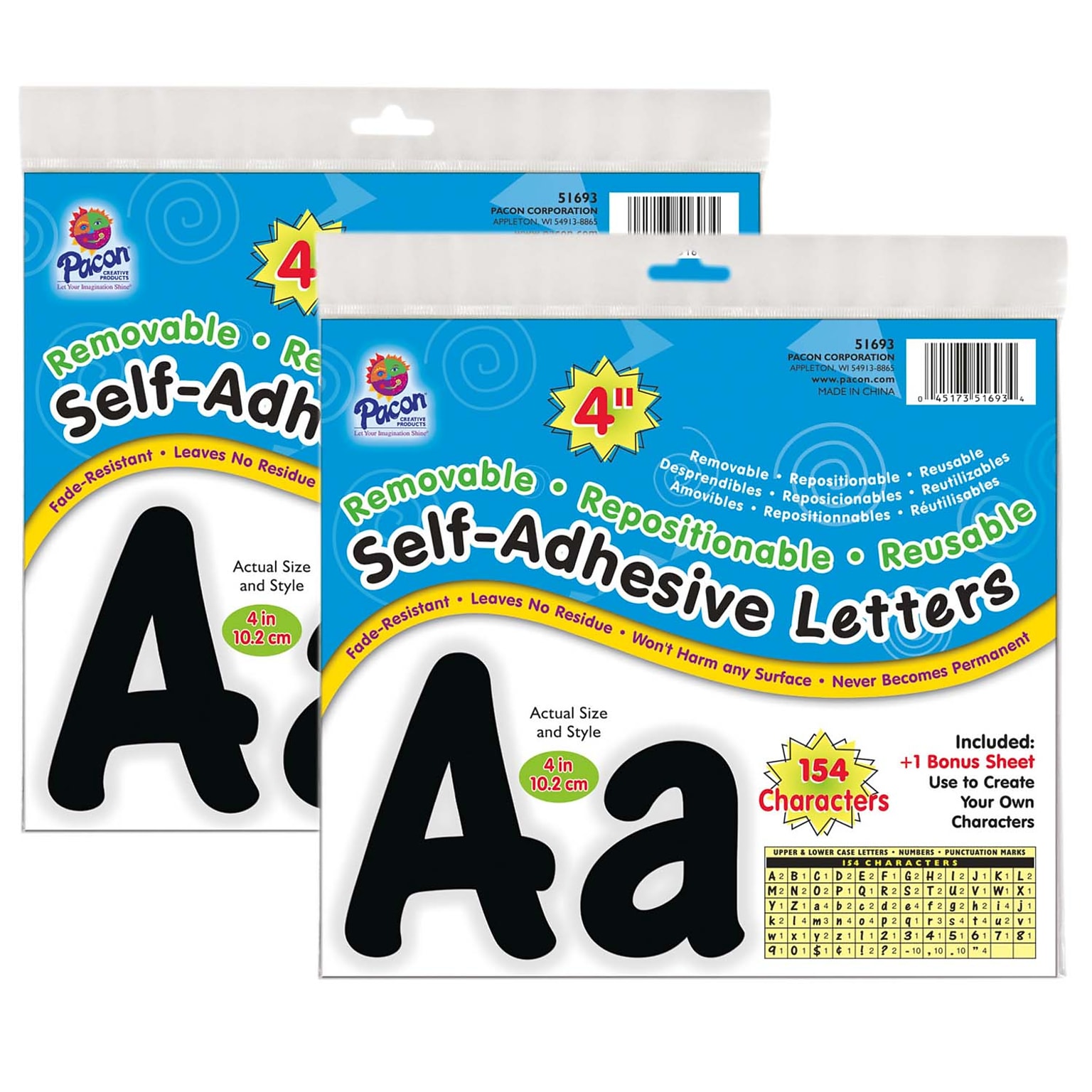 Pacon Cheery Font 4 Letter & Number Adhesive Letters, Black, 154/Pack, 2 Packs (PAC51693-2)
