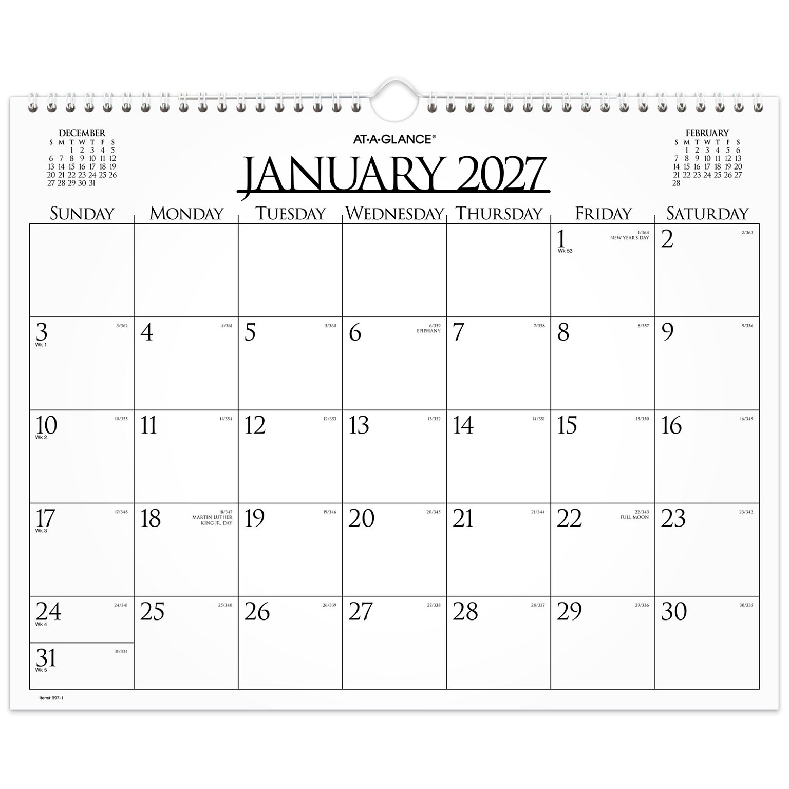 2027 AT-A-GLANCE Business 15 x 12 Monthly Wall Calendar, White/Black (997-1-27)