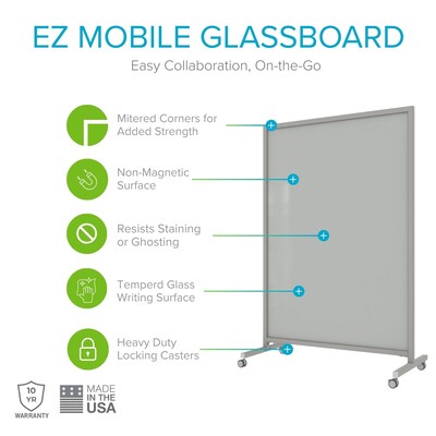 Ghent EZ Glass Mobile Dry-Erase Whiteboard, Aluminum Frame, 75H x 62W, Gray (EZ1NA7562GY)