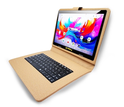 Linsay F10 Series 10.1 Tablet, Wi-Fi, Octa Core, 256GB eMMC, Android 15, with Brown Cloth Keyboard Case, Backpack, & Stylus Pen