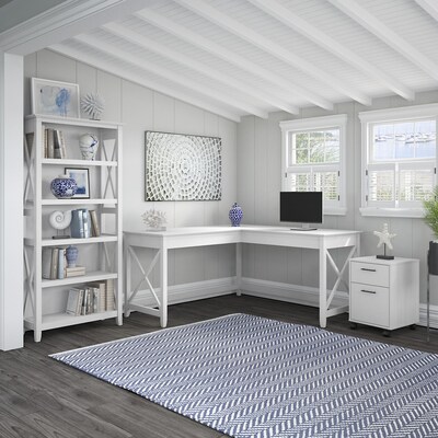 Bush Furniture Key West 60W L-Shaped Desk with 2-Drawer Mobile File Cabinet and 5-Shelf Bookcase, Pu