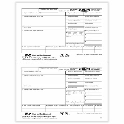 ComplyRight 2026 W-2 Tax Form, 1-Part, 2-Up, Employee Copy B, 50/Pack (520250)