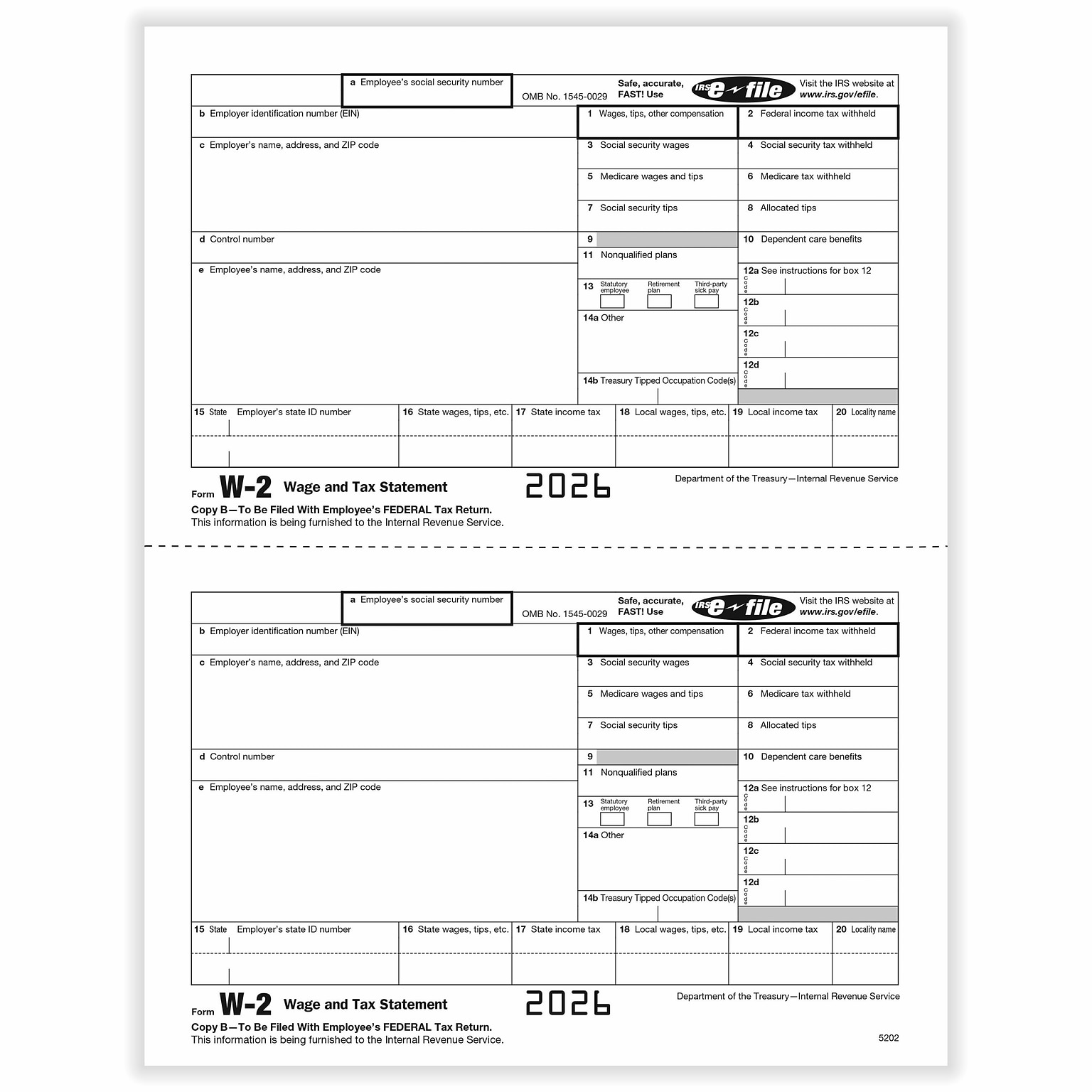 ComplyRight 2026 W-2 Tax Form, 1-Part, 2-Up, Employee Copy B, 50/Pack (520250)