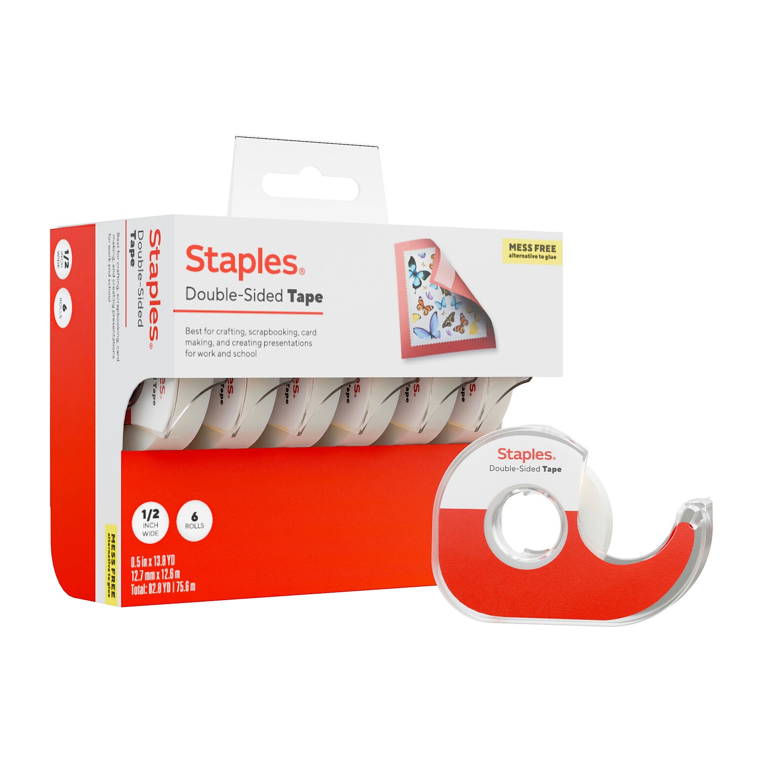 Staples Double-Sided Tape with Dispenser, 1/2 x 13.8 yds., 6/Pack (ST62849)