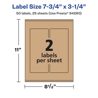 Avery Laser/Inkjet Rectangle Multipurpose Labels, 7.75" x 3.25", Kraft Brown, 50 Labels/Pack ( 94260)