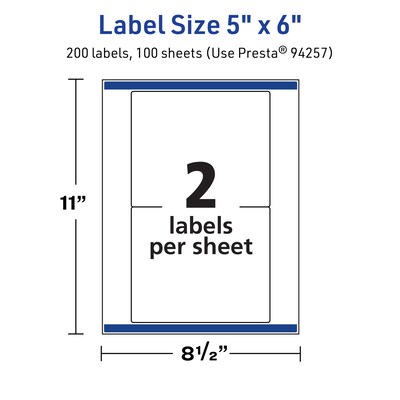Avery TrueBlock Laser/Inkjet Rectangle Multipurpose Labels, 5" x 6", White, 200/Box (94257)