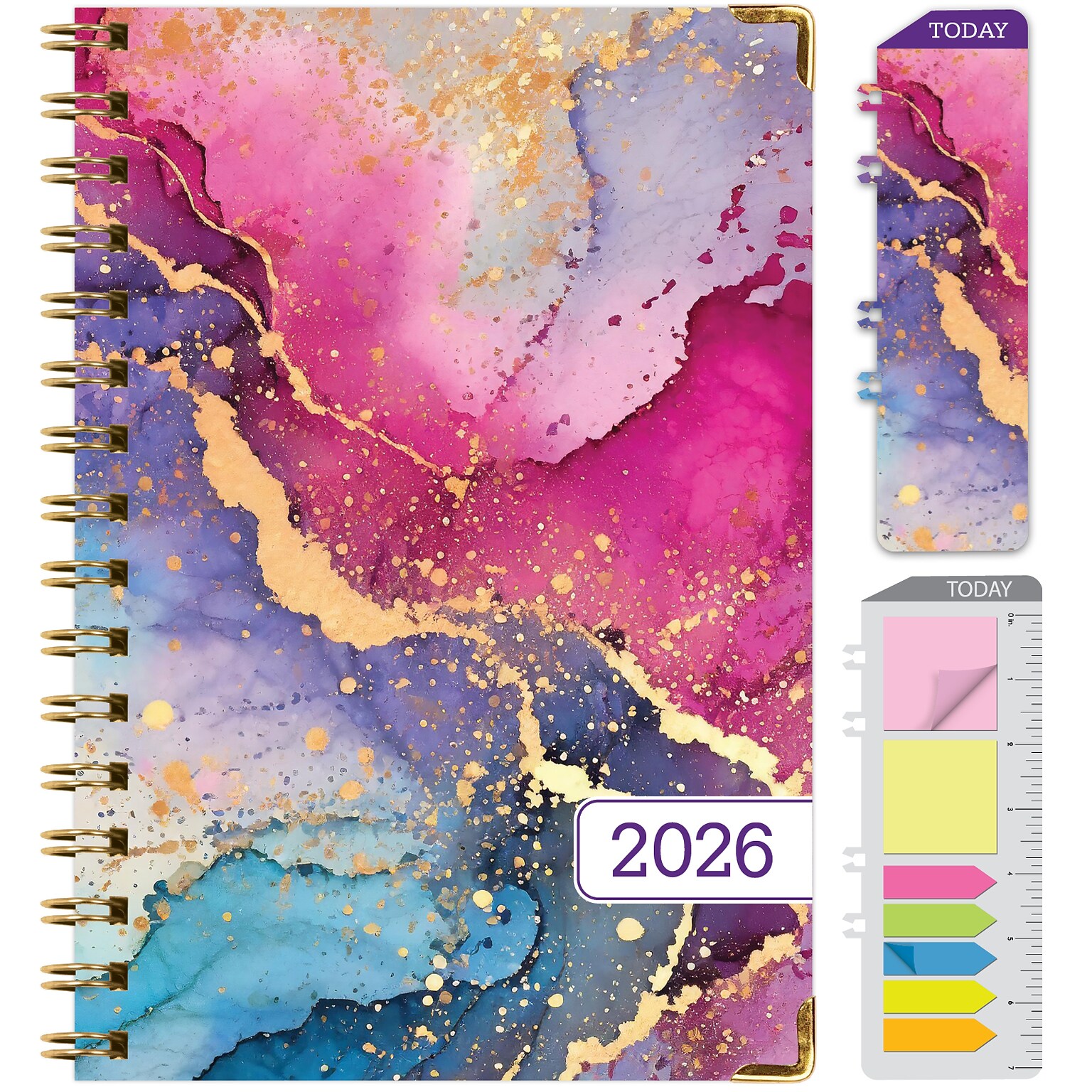 2026 Global Printed Products 5.5 x 8 Weekly & Monthly Planner, Paperboard Cover, Rainbow Gold Marble (FSHN-CY26-58-36)