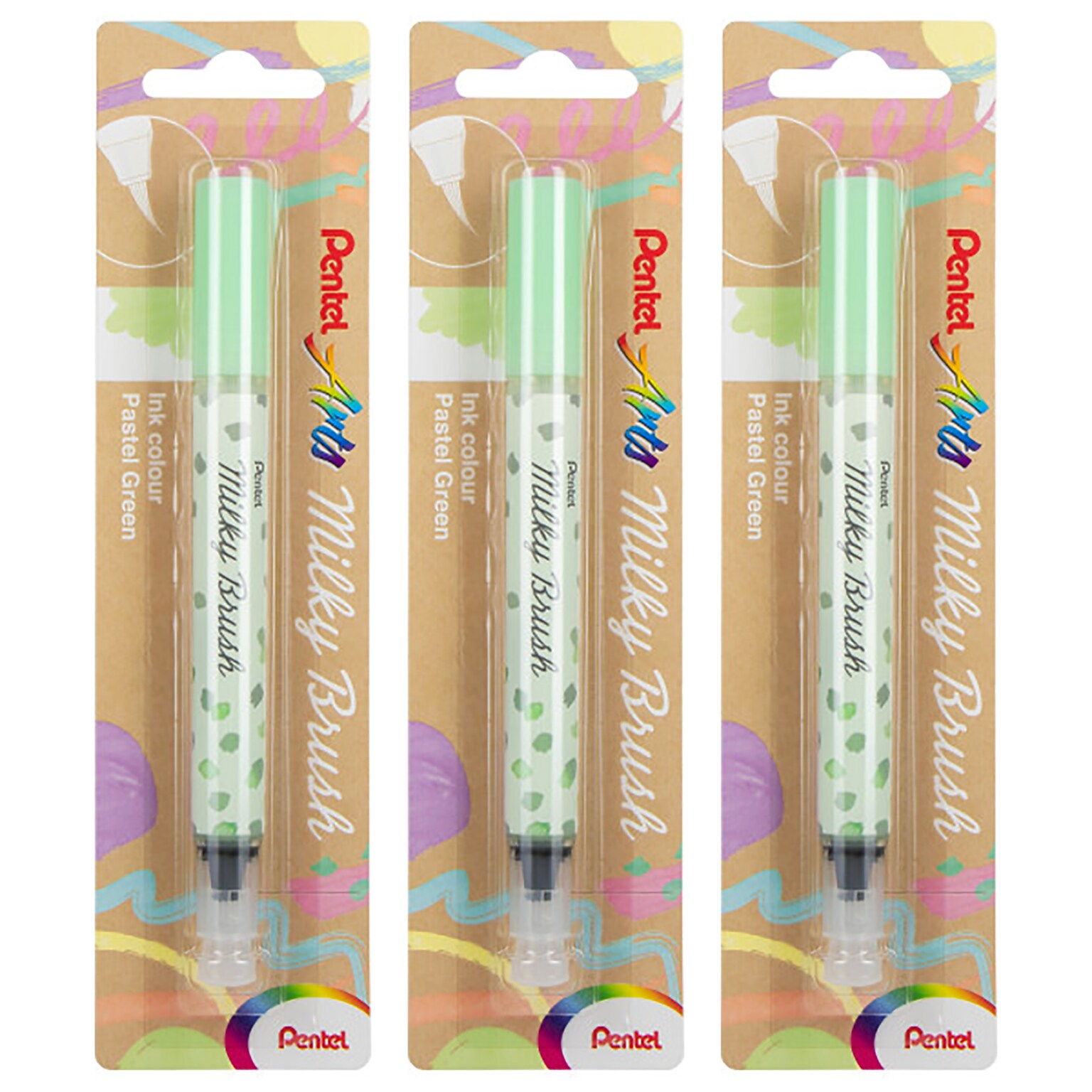 Pentel Milky Brush, Green Ink, 3/Bundle (PTAXGFHBPPKX-3)