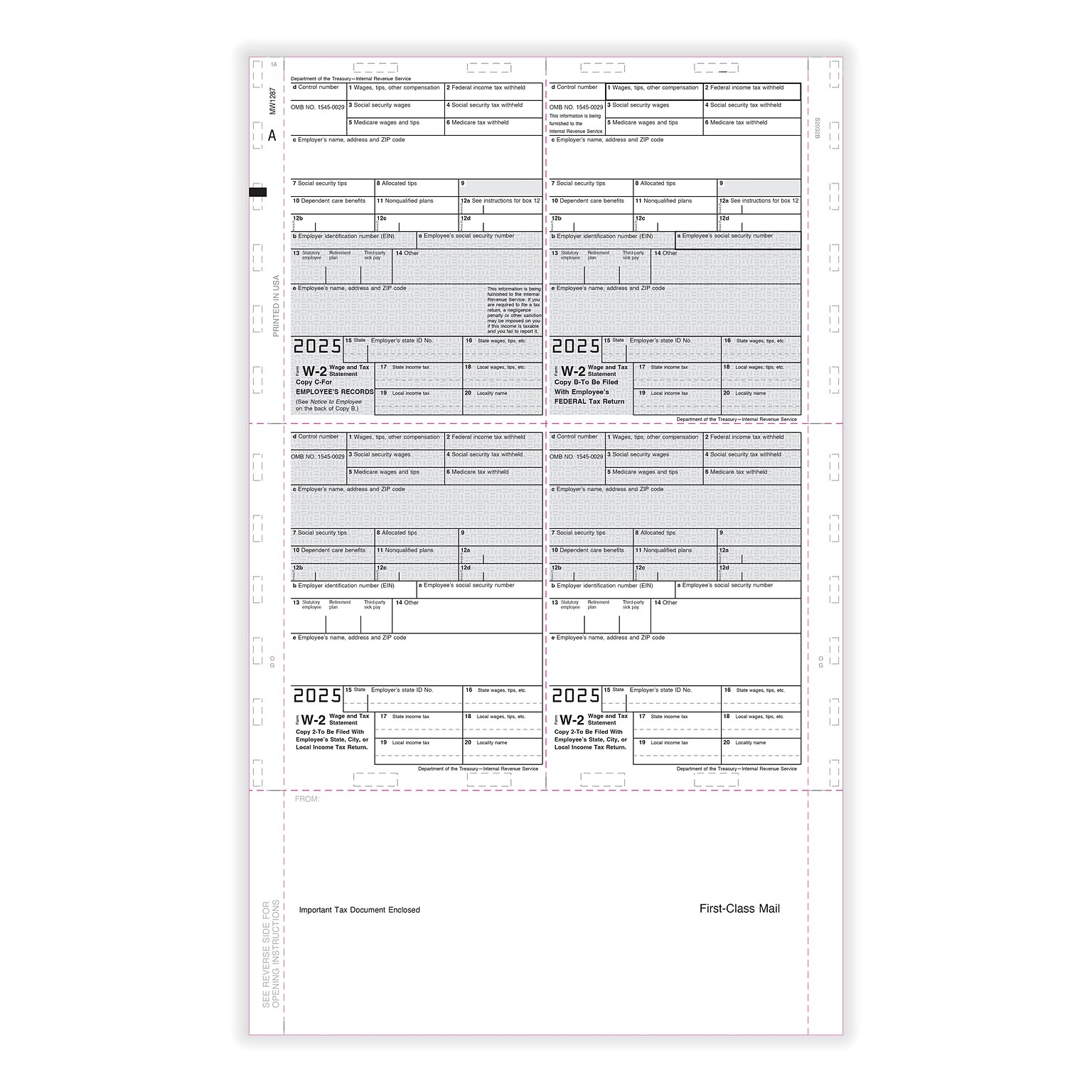 ComplyRight 2025 Pressure-Seal W-2 Tax Form, 1-Part, 4-Up, 500/Pack (5224B)