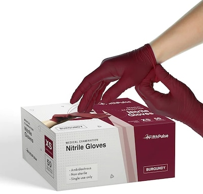FifthPulse Powder Free Nitrile Gloves, Latex Free, X-Large, Burgundy, 200/Box (FMN100427)