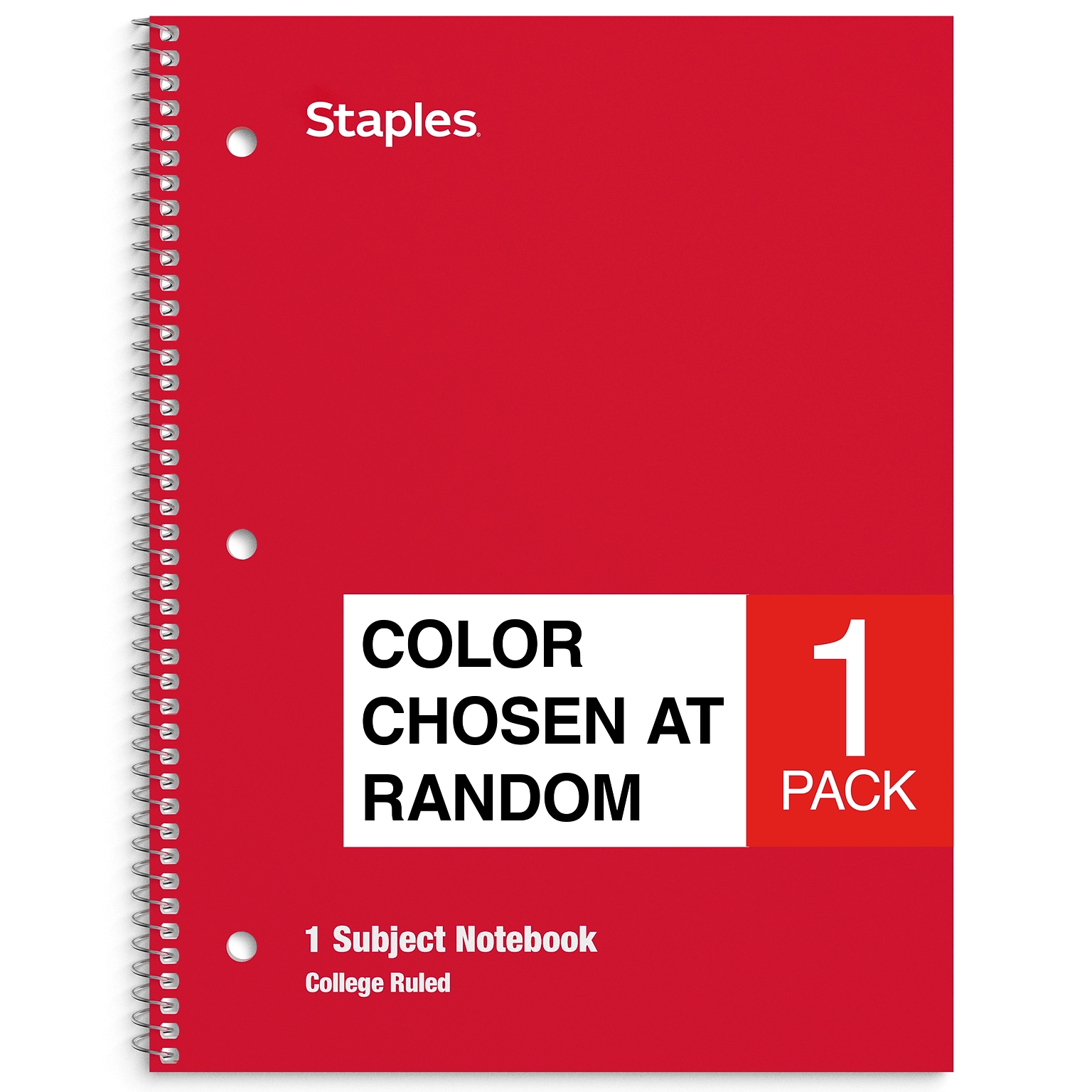 Staples 1-Subject Notebook, 8 x 10.5, College Ruled, 70 Sheets, Color chosen at random (ST54891C)