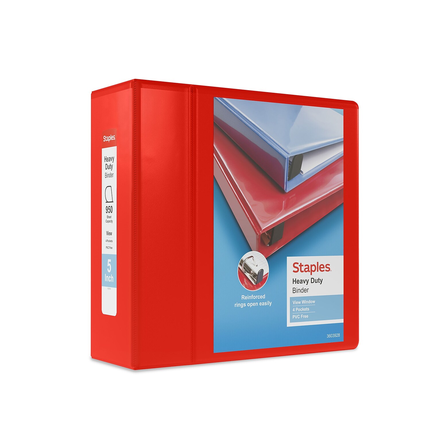 Staples® Heavy Duty 5 3 Ring View Binder with D-Rings, Red (ST56300-CC)