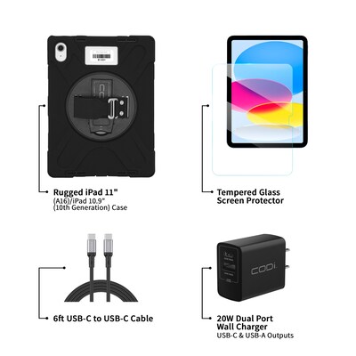 CODi iPad Essentials Bundle: Rugged Case 11 (A16)/ 10.9 (10th Gen) + Screen Protector + 20W Dual Port Charger + USB-C Cable