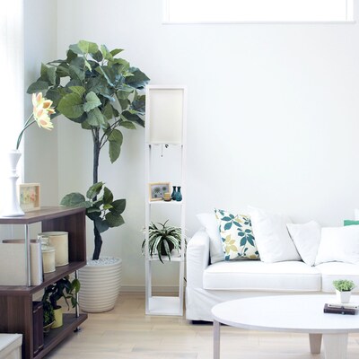 Simple Designs 62.50" Etagere Organizer Storage Shelf Floor Lamp with Linen Shade, White (LF1014-WHT)