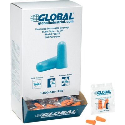 Global Industrial Bullet Earplugs, Tapered, Uncorded, NRR 32 dB, 200 Pairs/Box (708375)