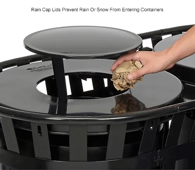 Global Industrial Outdoor Slatted Steel Trash Can w/ Rain Bonnet Lid, 72 Gallon, Black (641432BK)
