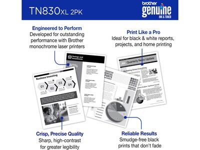 Brother TN830XL Black High Yield Toner Cartridge 2/Pack (TN830XL2PK), print up to 3,000 pages