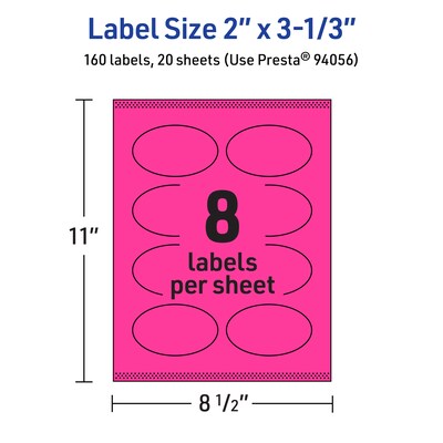 Avery Laser/Inkjet Oval Multipurpose Labels, 2" x 3-1/3", Neon Magenta, 160/Pack (94056)