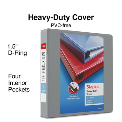 Staples® Heavy Duty 1-1/2 3 Ring View Binder with D-Rings, Gray (26342)