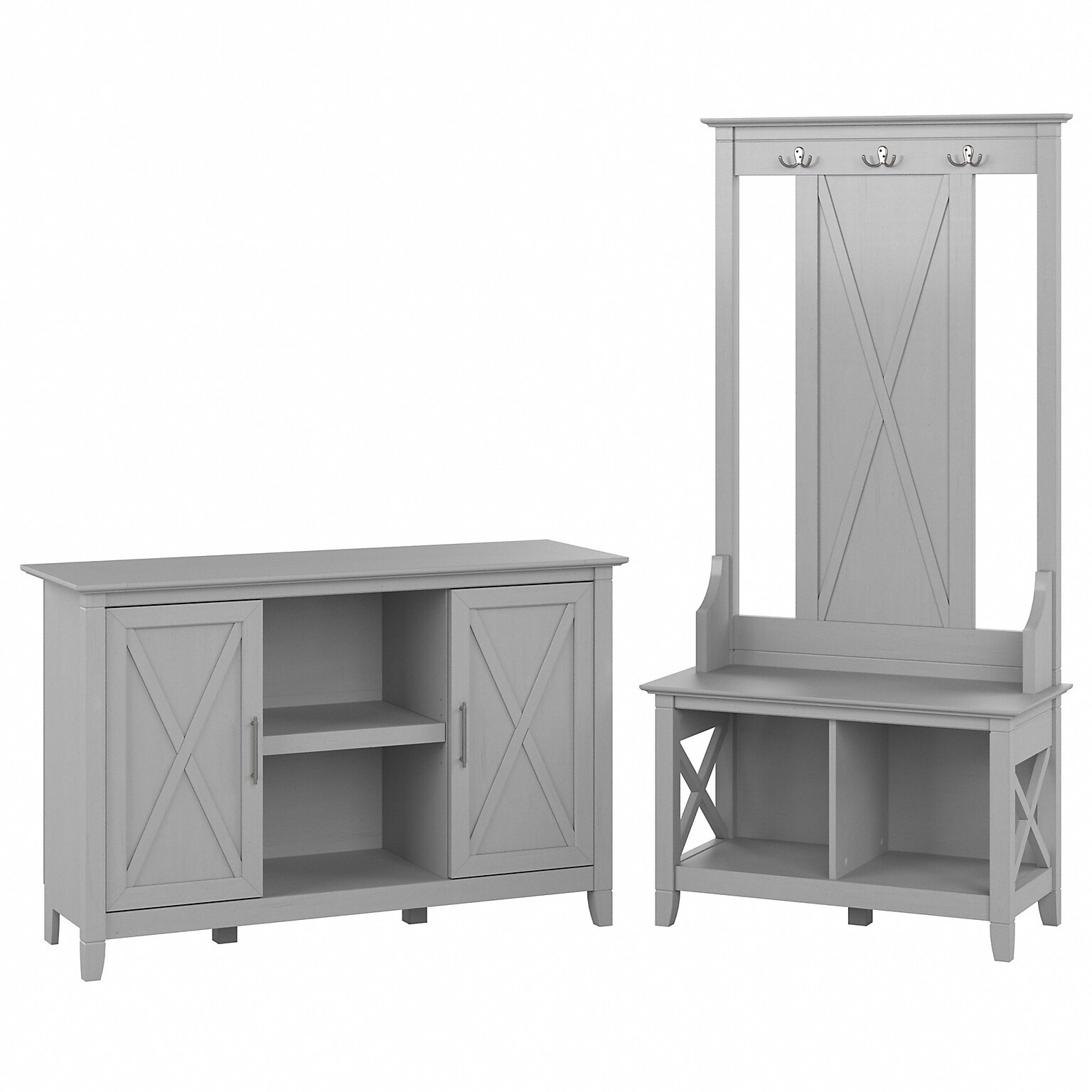 Bush Furniture Key West 66 Entryway Storage Set with Hall Tree, Shoe Bench, and 2-Door Cabinet, Cape Cod Gray (KWS054CG)