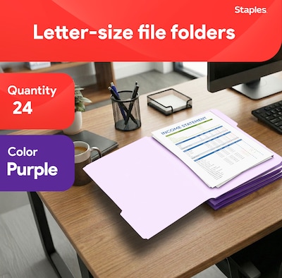 Staples File Folders, 1/3-Cut Tab, Letter Size, Purple, 24/Pack (ST13845-CC)