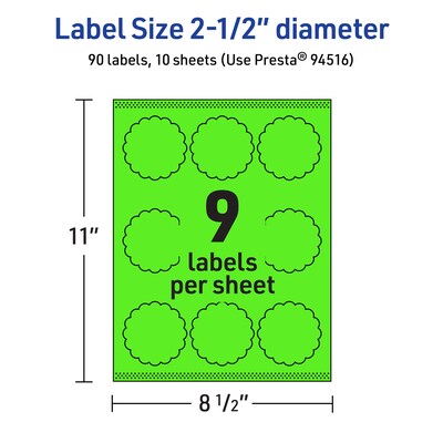 Avery Decorative Edge Multipurpose Labels, 2.5" Dia., Neon Green, 90/Pack (94516)