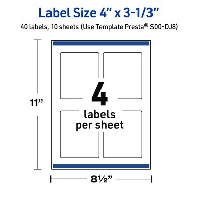 Avery Laser/Inkjet Rectangle Multipurpose Labels, 4" x 3-1/3", White, 40/Pack (S00DJ8)
