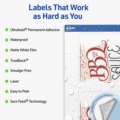 Avery Waterproof Rectangle Laser Multipurpose Labels, 5 x 6, White, 100/Box (19479399370)
