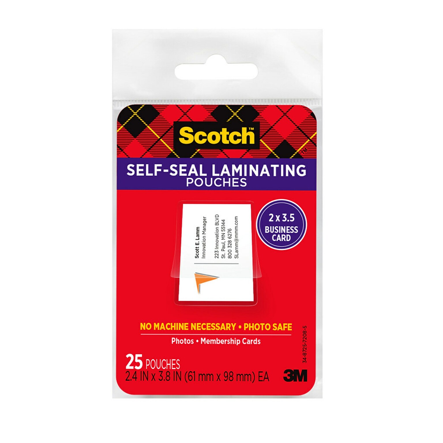 Scotch Self Sealing Laminating Pouches, Business Card, 9.5 Mil, 25/Pack (LS851G)